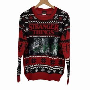 Stranger Things Unisex Holiday Sweater Red Medium Flip Sequins Netflix Xmas 80s